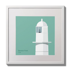 Illustration of Barrack Point lighthouse on an ocean green background,  in a white square frame measuring 30x30cm.