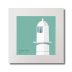 Illustration of Barrack Point lighthouse on an ocean green background, mounted and measuring 30x30cm.