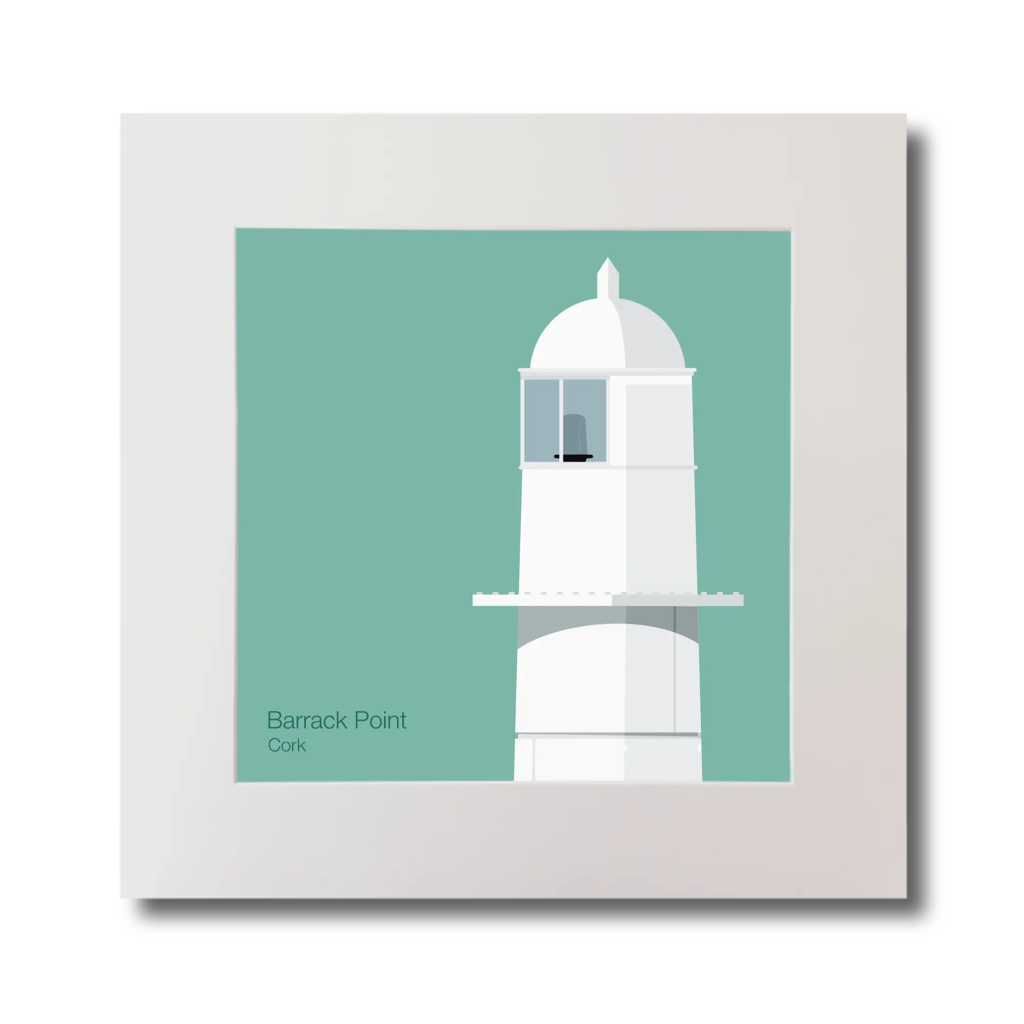 Illustration of Barrack Point lighthouse on an ocean green background, mounted and measuring 30x30cm.
