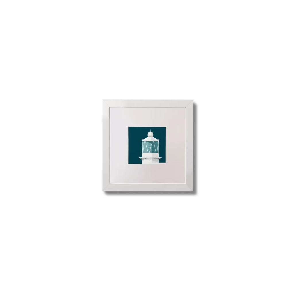 Contemporary wall art of Achillbeg lighthouse on a midnight blue background,  in a white square frame measuring 10x10cm.