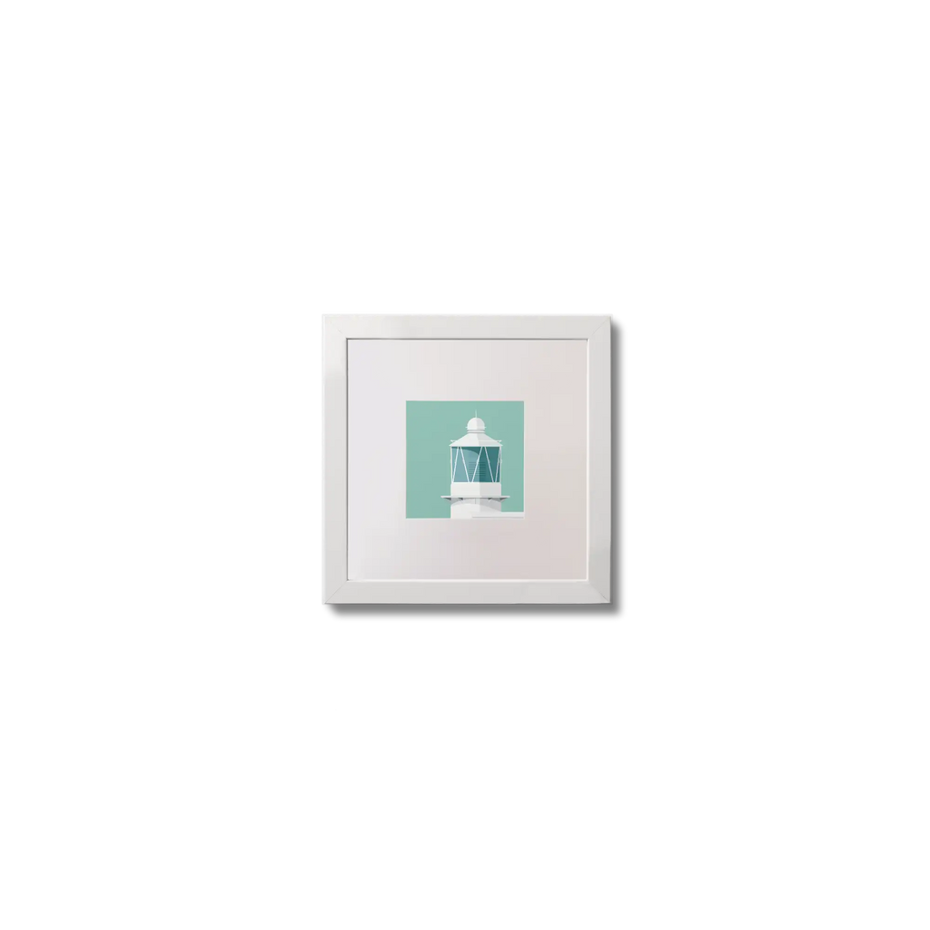 Illustration of Achillbeg lighthouse on an ocean green background,  in a white square frame measuring 10x10cm.