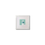 Illustration of Achillbeg lighthouse on an ocean green background,  in a white square frame measuring 10x10cm.
