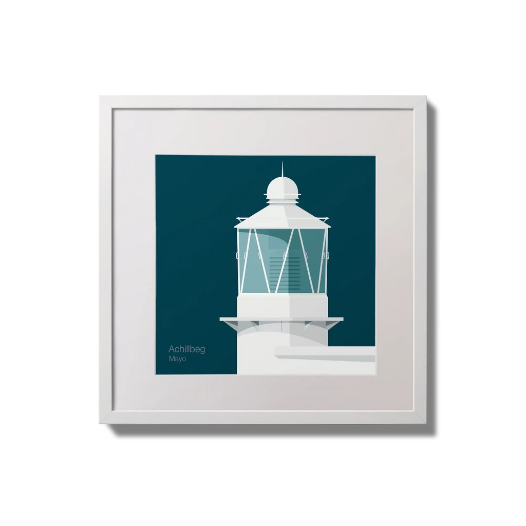 Framed wall art decoration of Achillbeg lighthouse on a midnight blue background,  in a white square frame measuring 20x20cm.