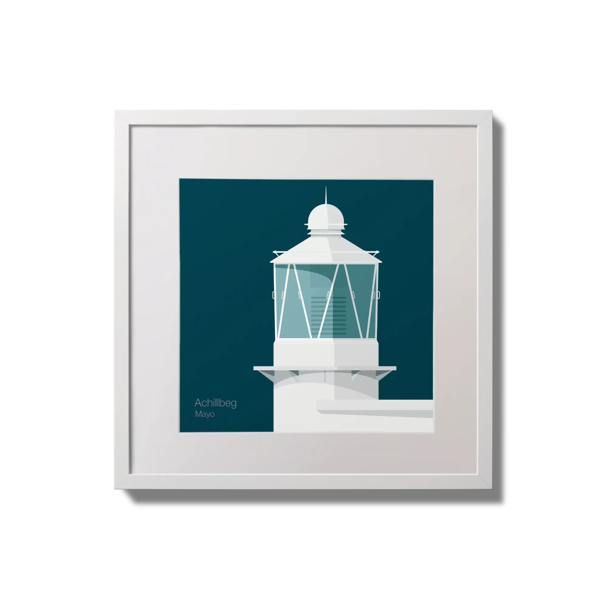 Framed wall art decoration of Achillbeg lighthouse on a midnight blue background,  in a white square frame measuring 20x20cm.