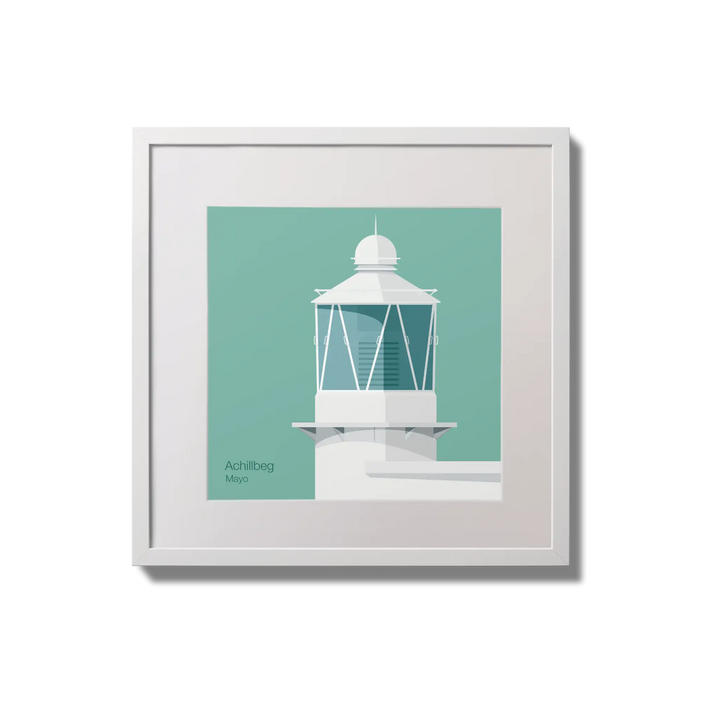 Contemporary wall hanging of Achillbeg lighthouse on an ocean green background,  in a white square frame measuring 20x20cm.