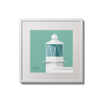 Contemporary wall hanging of Achillbeg lighthouse on an ocean green background,  in a white square frame measuring 20x20cm.