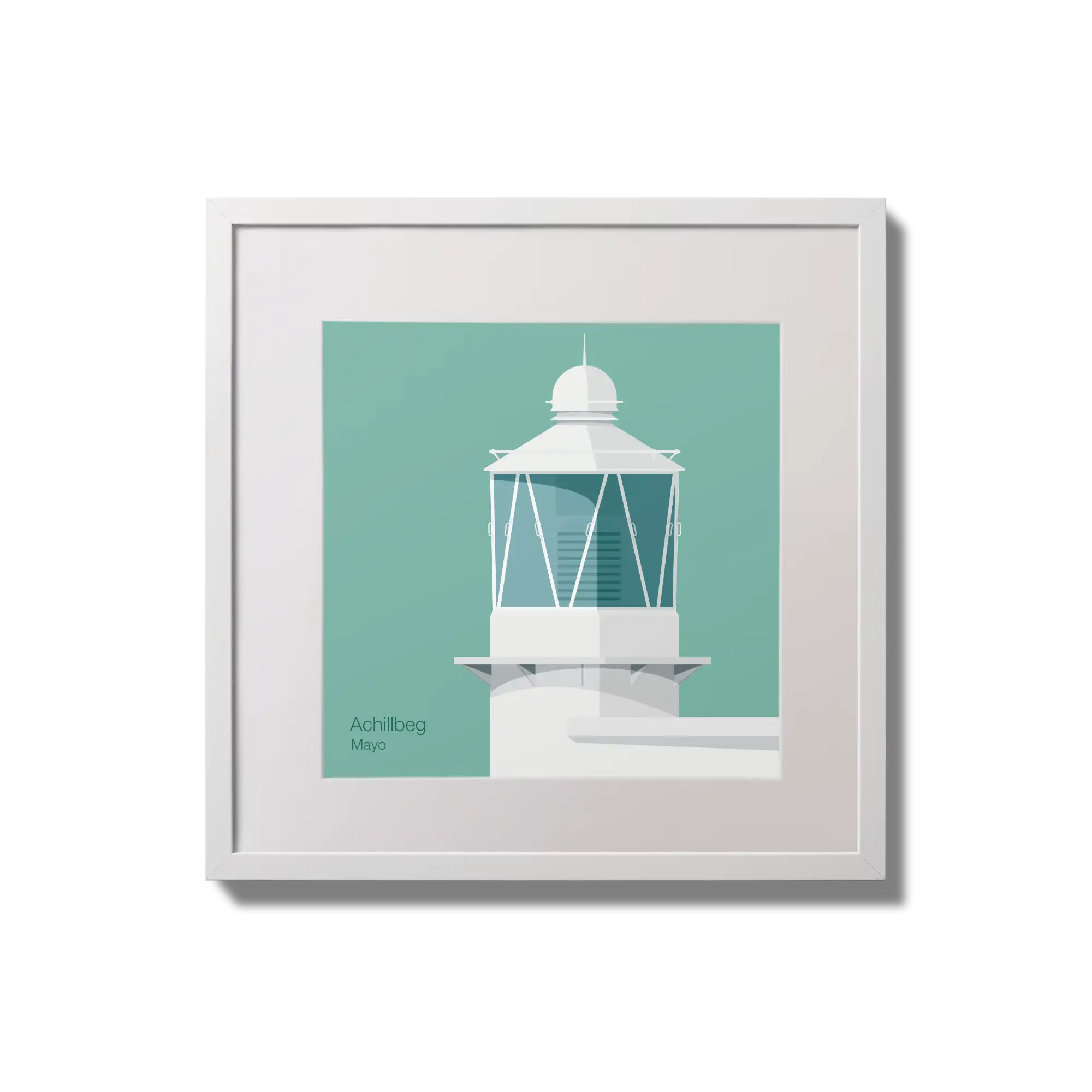 Contemporary wall hanging of Achillbeg lighthouse on an ocean green background,  in a white square frame measuring 20x20cm.
