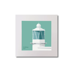 Illustration of Achillbeg lighthouse on an ocean green background, mounted and measuring 20x20cm.