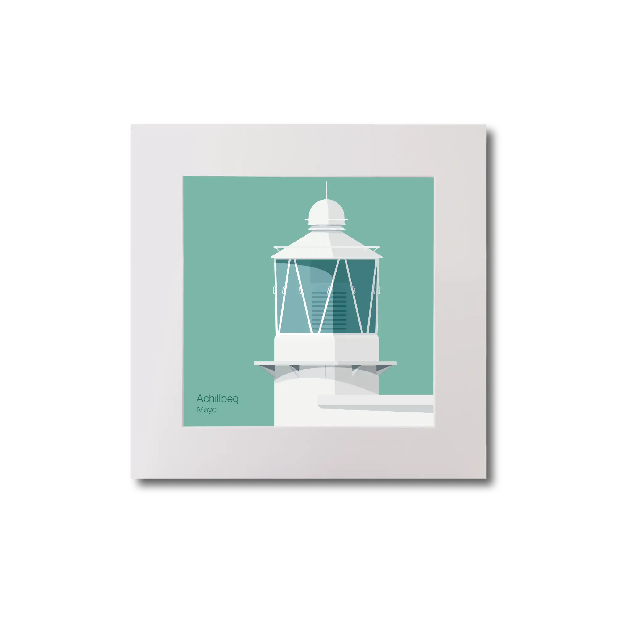 Illustration of Achillbeg lighthouse on an ocean green background, mounted and measuring 20x20cm.