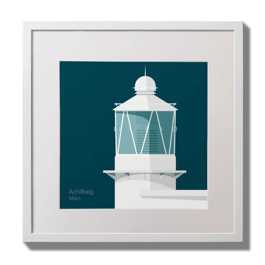 Illustration of Achillbeg lighthouse on a midnight blue background,  in a white square frame measuring 30x30cm.