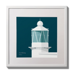 Illustration of Achillbeg lighthouse on a midnight blue background,  in a white square frame measuring 30x30cm.