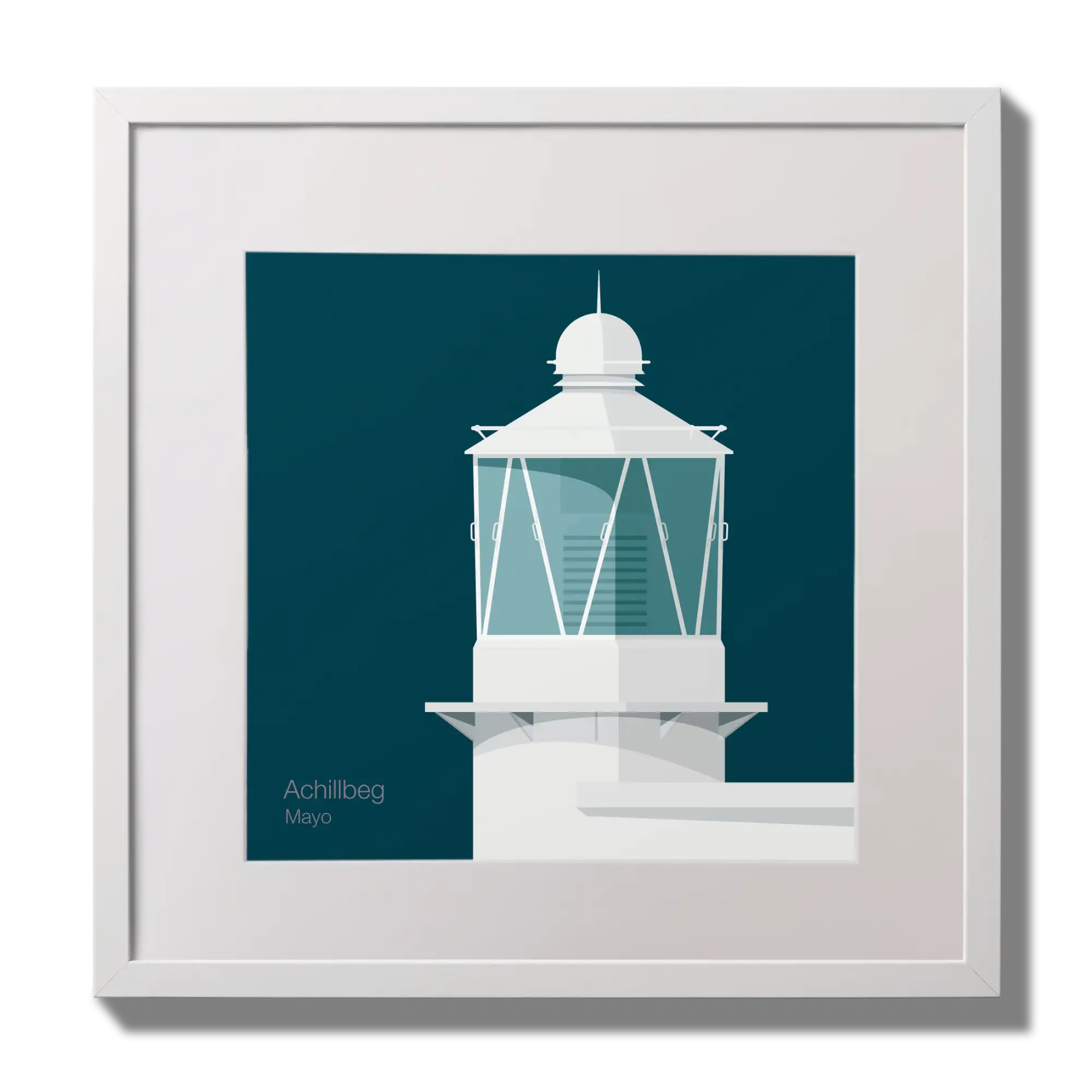Illustration of Achillbeg lighthouse on a midnight blue background,  in a white square frame measuring 30x30cm.