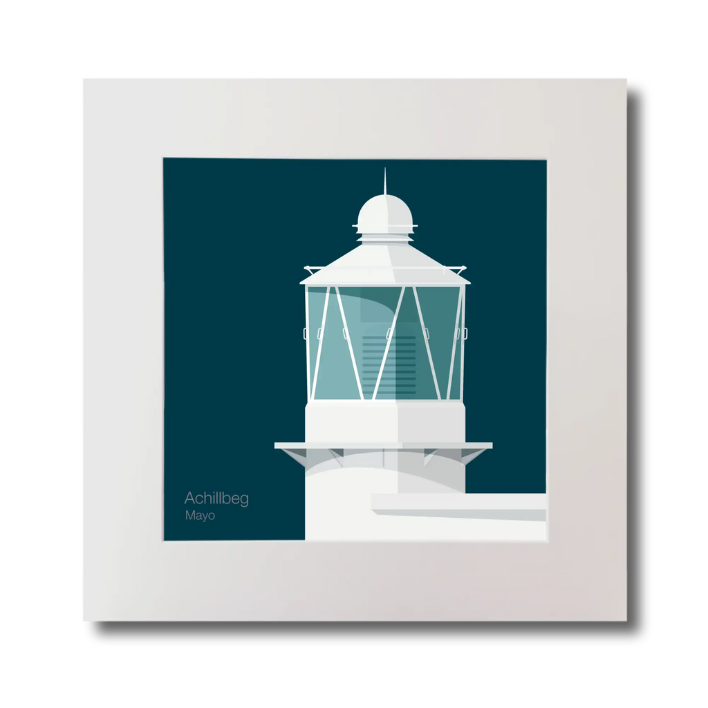 Illustration of Achillbeg lighthouse on a midnight blue background, mounted and measuring 30x30cm.