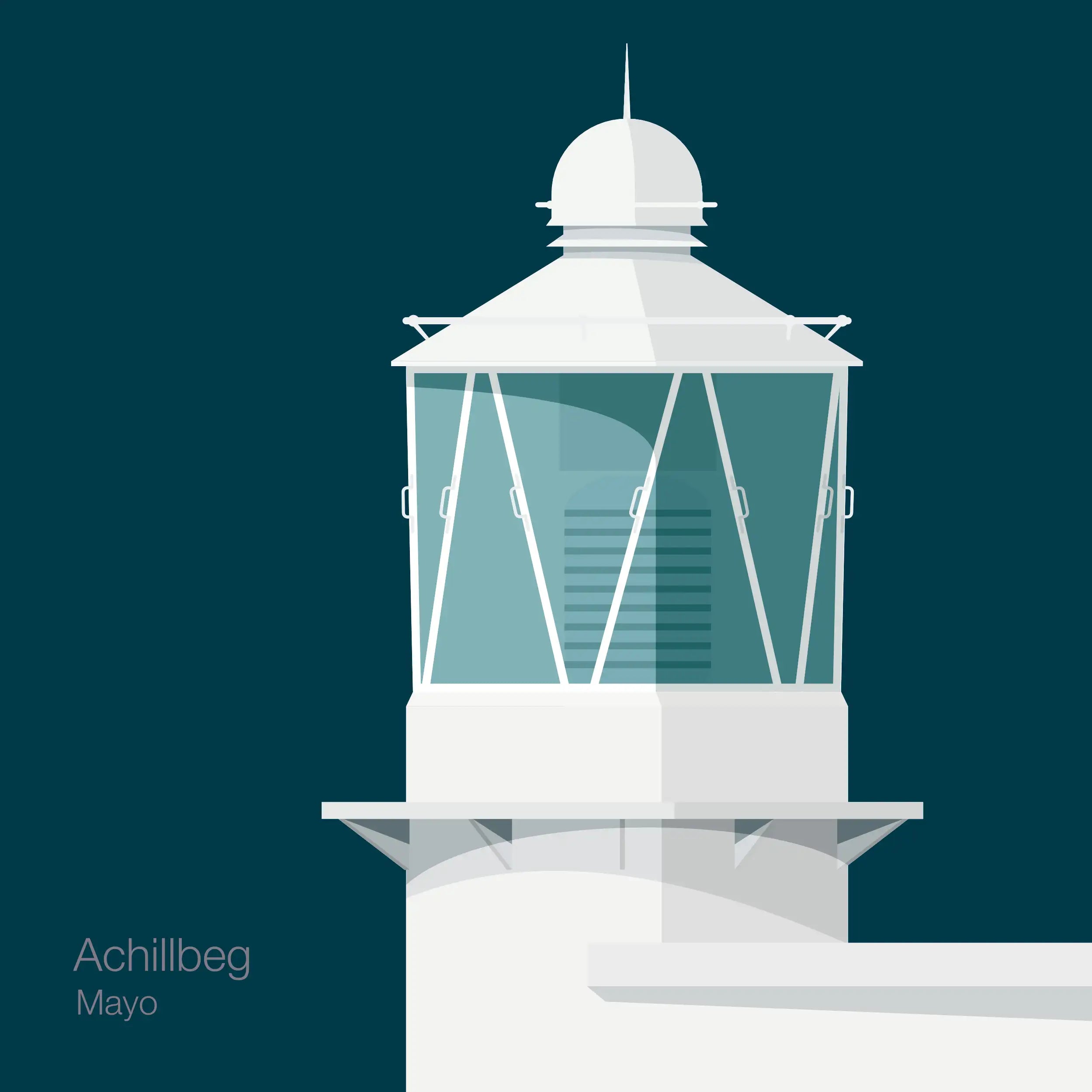 Illustration of Achillbeg lighthouse on a midnight blue background