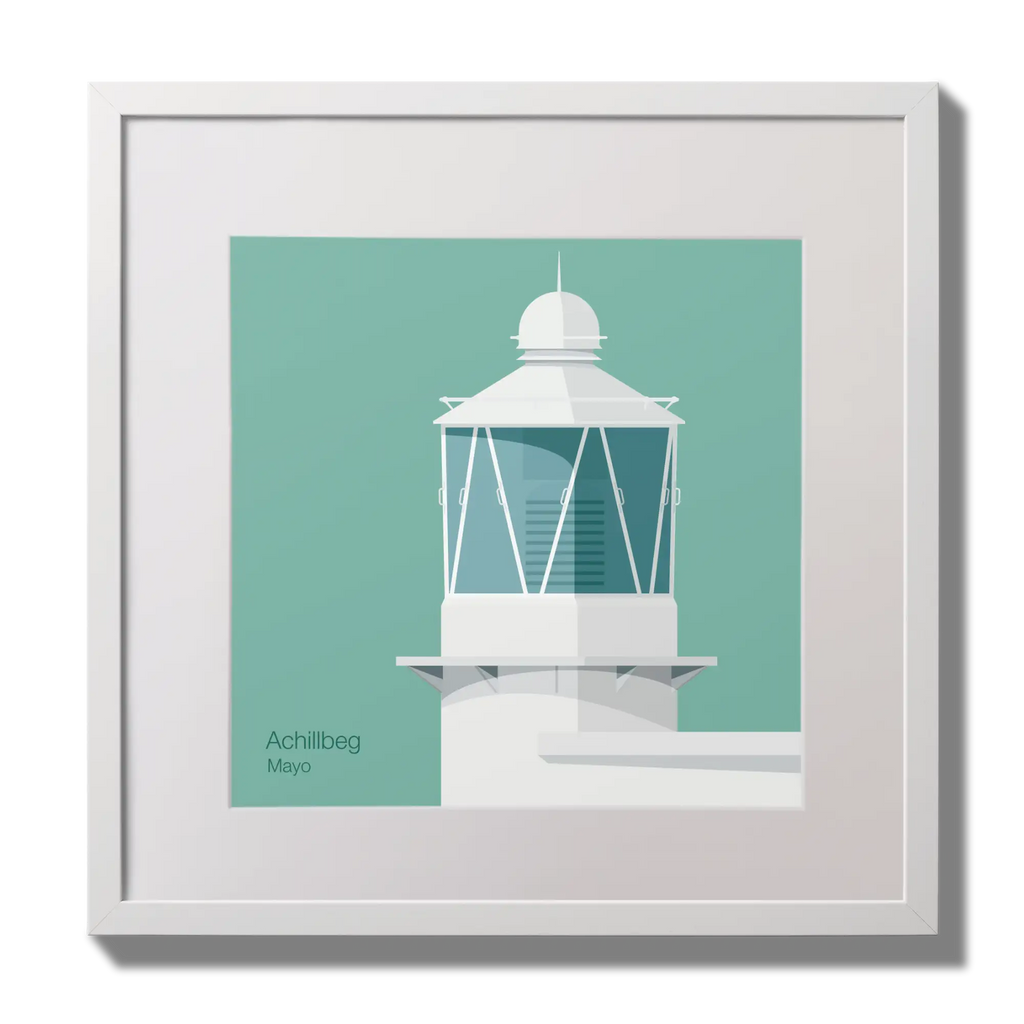Illustration of Achillbeg lighthouse on an ocean green background,  in a white square frame measuring 30x30cm.