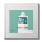 Illustration of Achillbeg lighthouse on an ocean green background,  in a white square frame measuring 30x30cm.