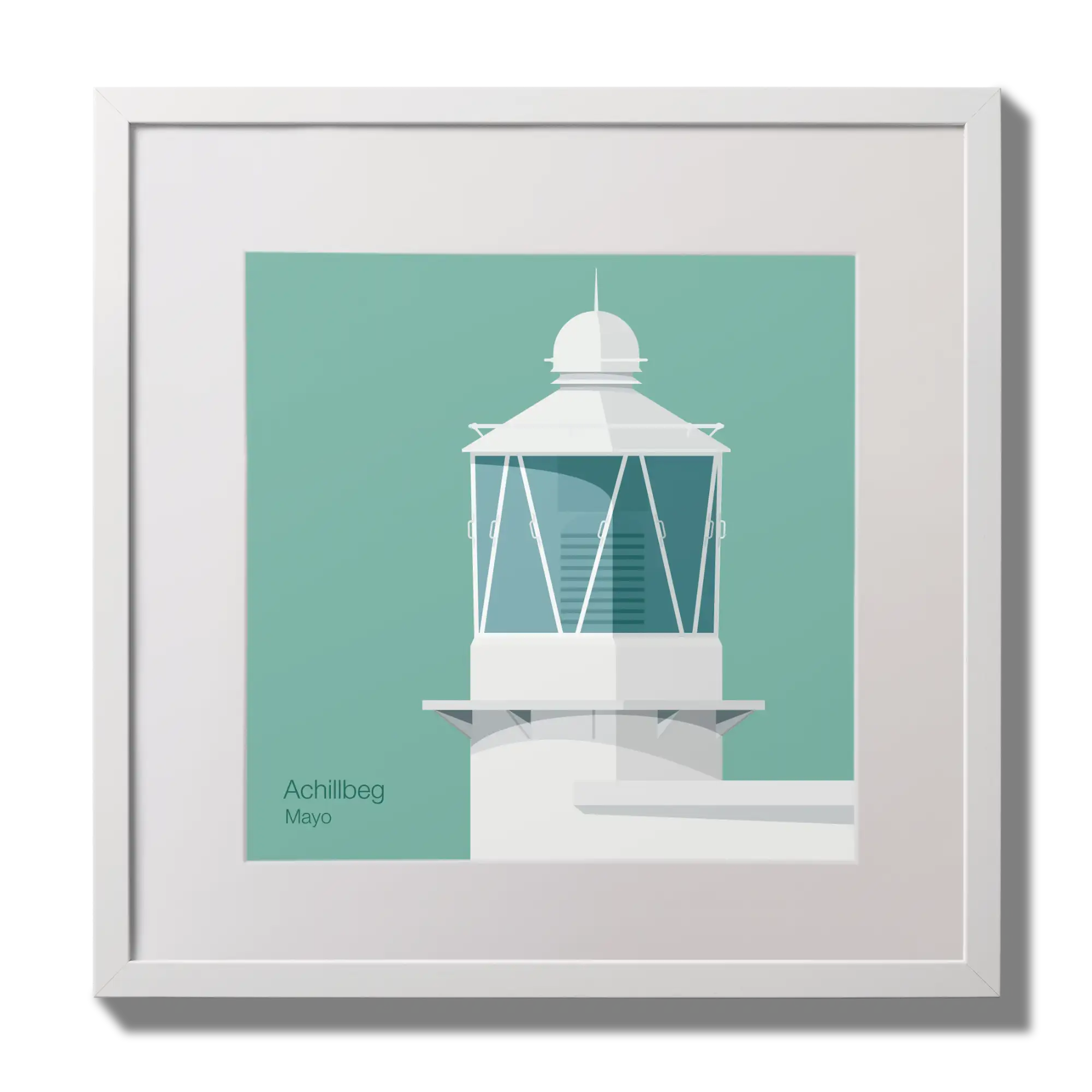 Illustration of Achillbeg lighthouse on an ocean green background,  in a white square frame measuring 30x30cm.