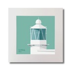 Illustration of Achillbeg lighthouse on an ocean green background, mounted and measuring 30x30cm.