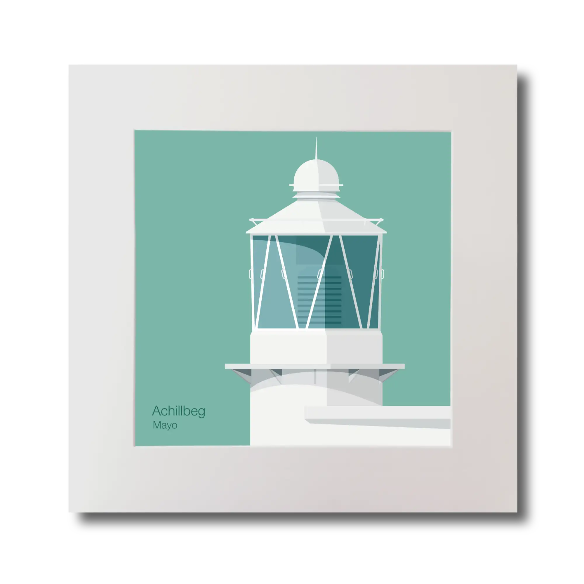 Illustration of Achillbeg lighthouse on an ocean green background, mounted and measuring 30x30cm.