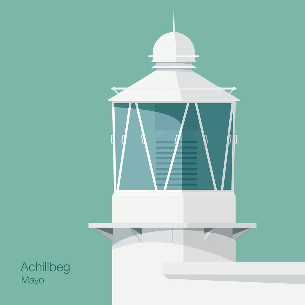 Illustration of Achillbeg lighthouse on an ocean green background