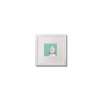 Illustration of Straw Island lighthouse on an ocean green background,  in a white square frame measuring 10x10cm.