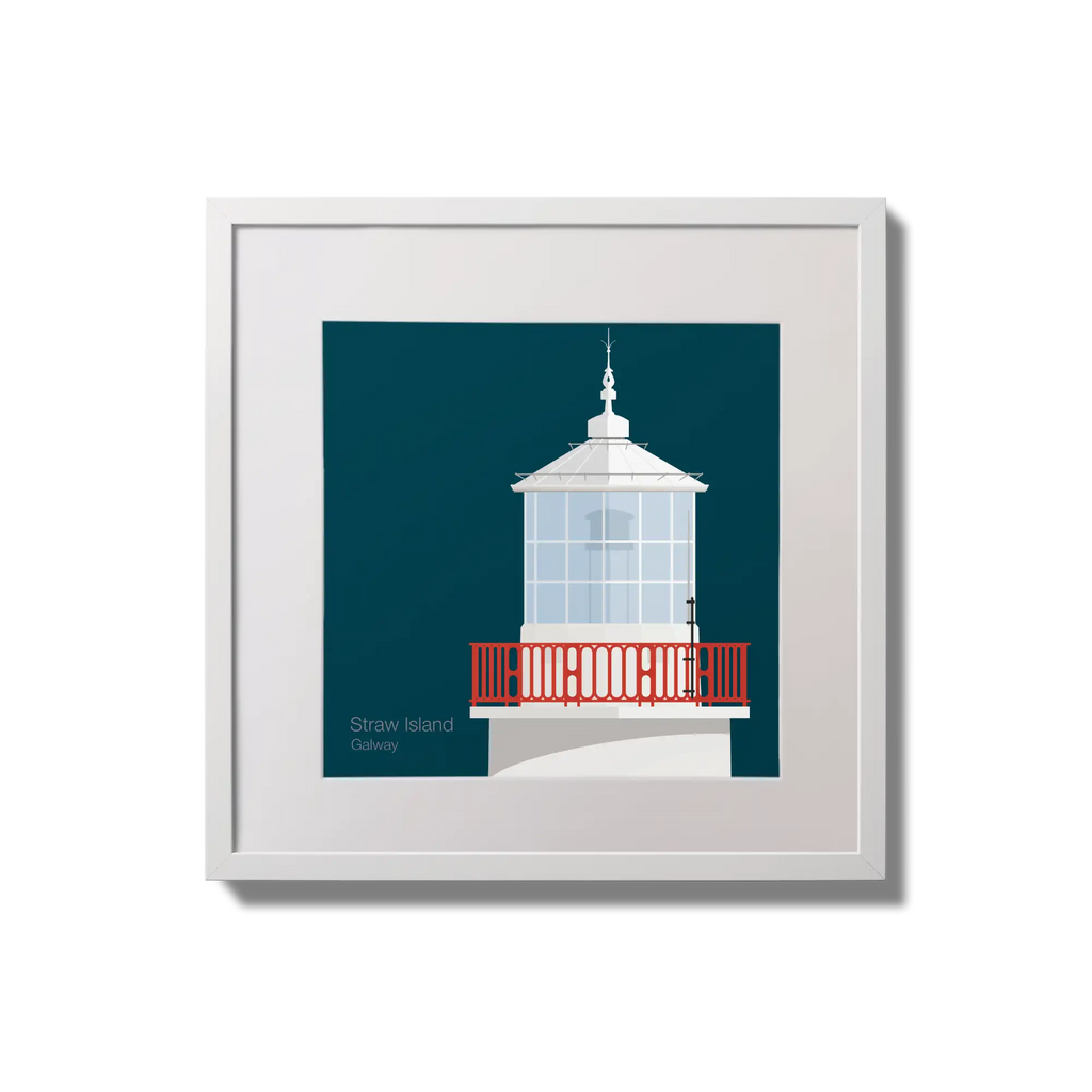 Framed wall art decoration of Straw Island lighthouse on a midnight blue background,  in a white square frame measuring 20x20cm.