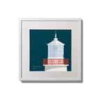 Framed wall art decoration of Straw Island lighthouse on a midnight blue background,  in a white square frame measuring 20x20cm.