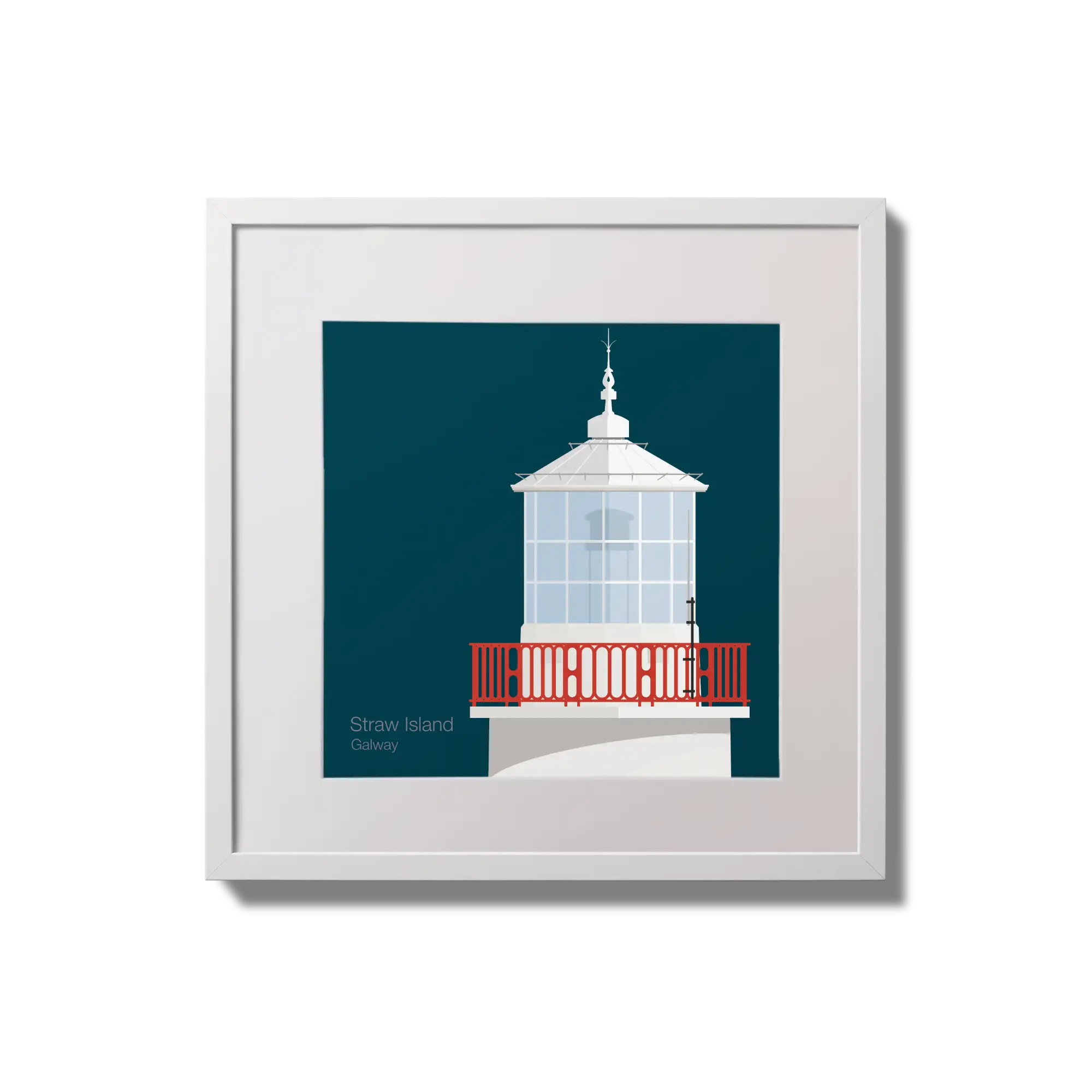Framed wall art decoration of Straw Island lighthouse on a midnight blue background,  in a white square frame measuring 20x20cm.