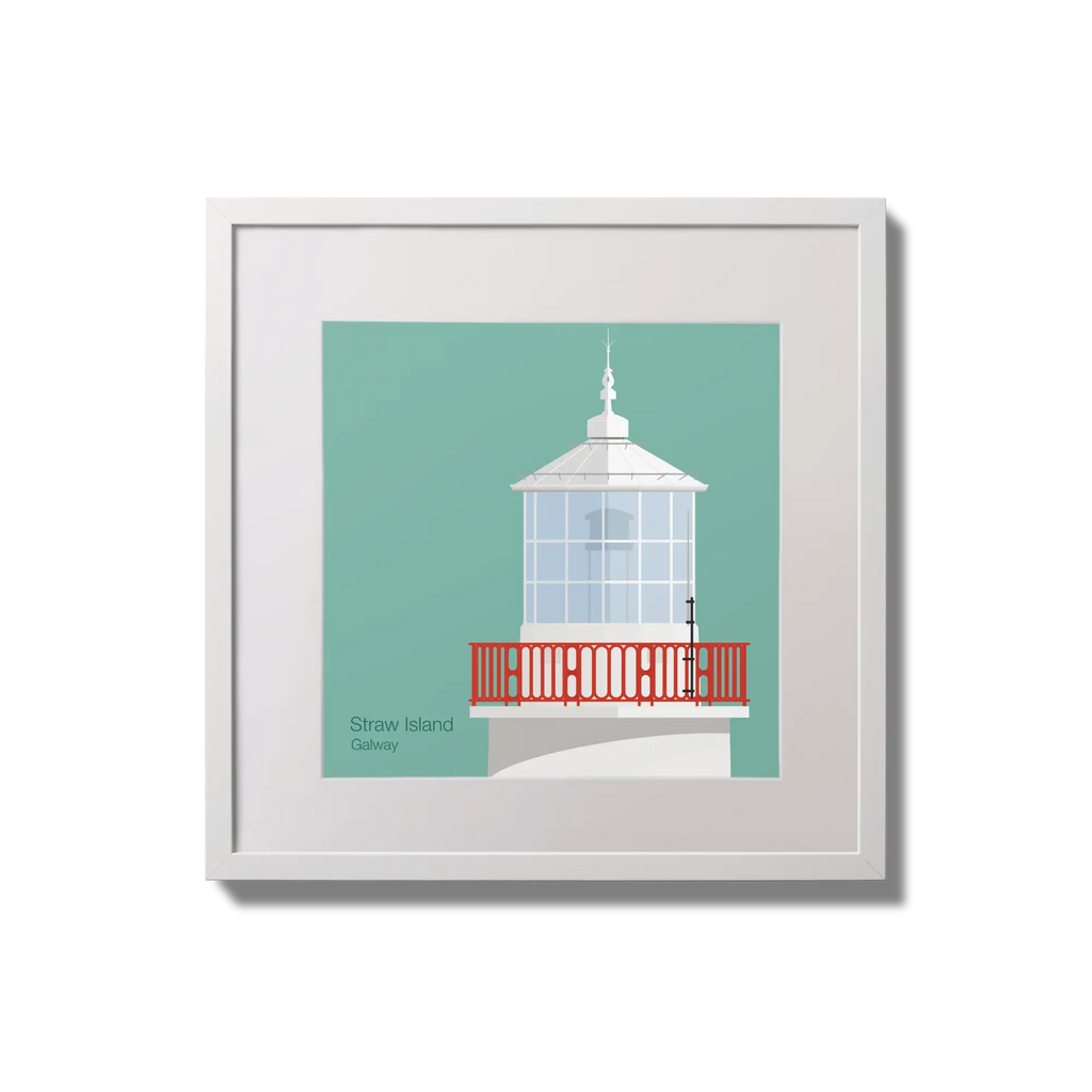 Contemporary wall hanging of Straw Island lighthouse on an ocean green background,  in a white square frame measuring 20x20cm.