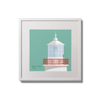 Contemporary wall hanging of Straw Island lighthouse on an ocean green background,  in a white square frame measuring 20x20cm.