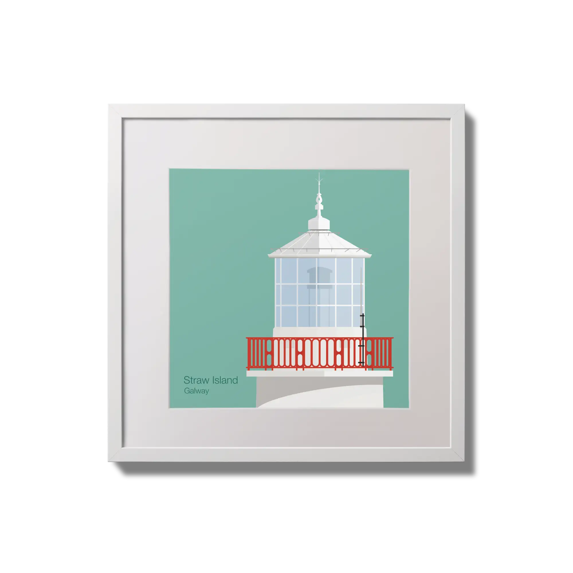 Contemporary wall hanging of Straw Island lighthouse on an ocean green background,  in a white square frame measuring 20x20cm.