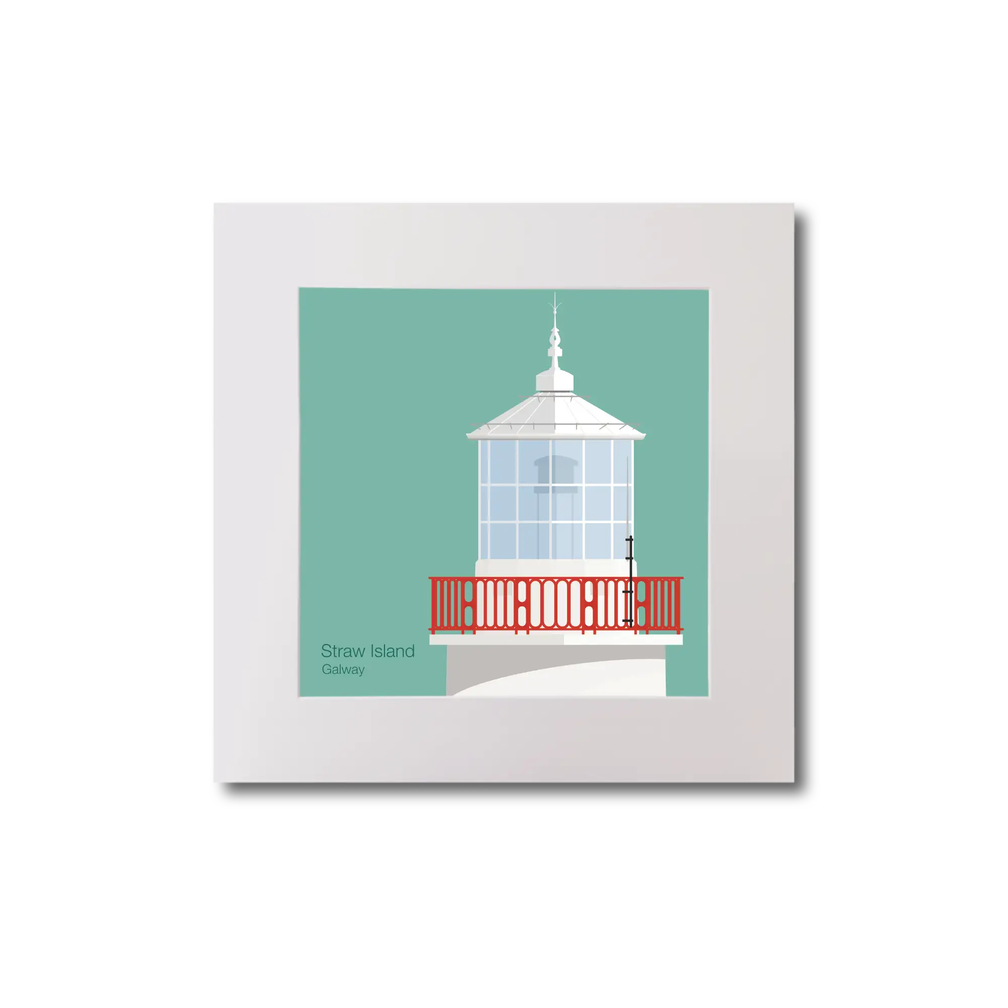 Illustration of Straw Island lighthouse on an ocean green background, mounted and measuring 20x20cm.
