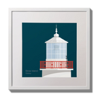 Illustration of Straw Island lighthouse on a midnight blue background,  in a white square frame measuring 30x30cm.