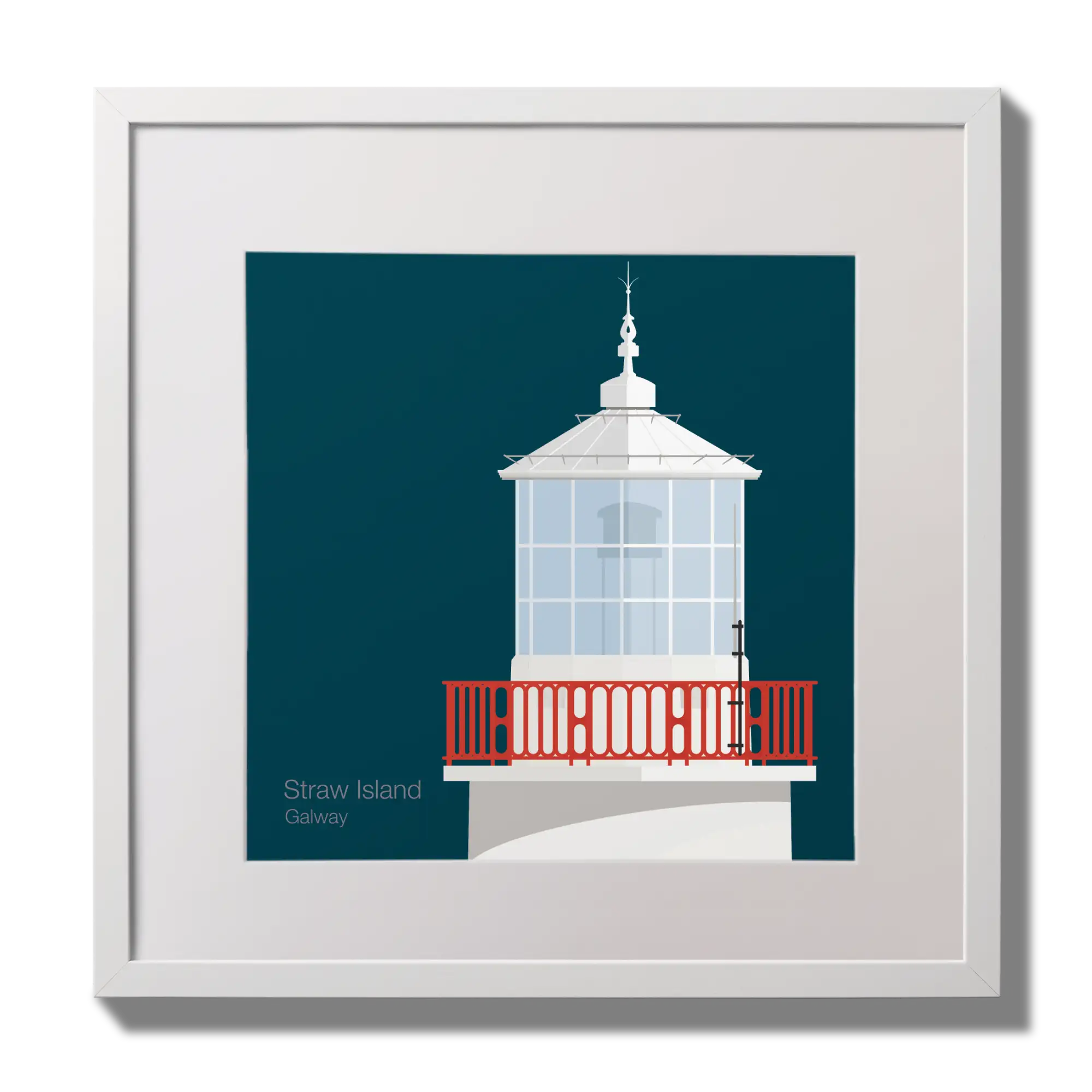 Illustration of Straw Island lighthouse on a midnight blue background,  in a white square frame measuring 30x30cm.