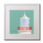 Illustration of Straw Island lighthouse on an ocean green background,  in a white square frame measuring 30x30cm.