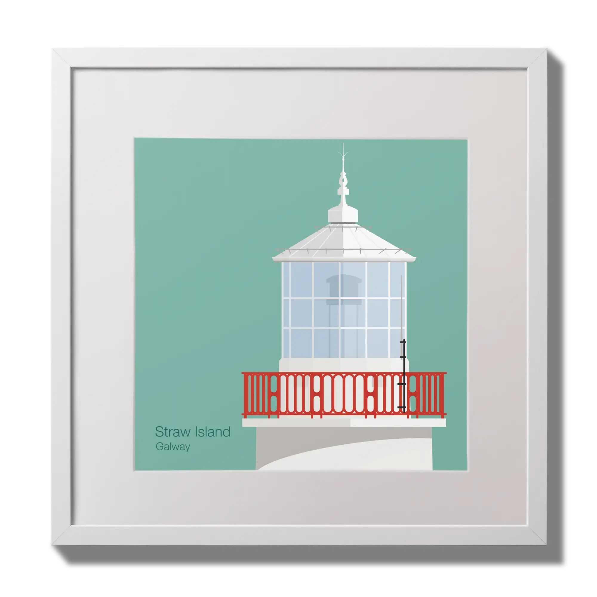 Illustration of Straw Island lighthouse on an ocean green background,  in a white square frame measuring 30x30cm.