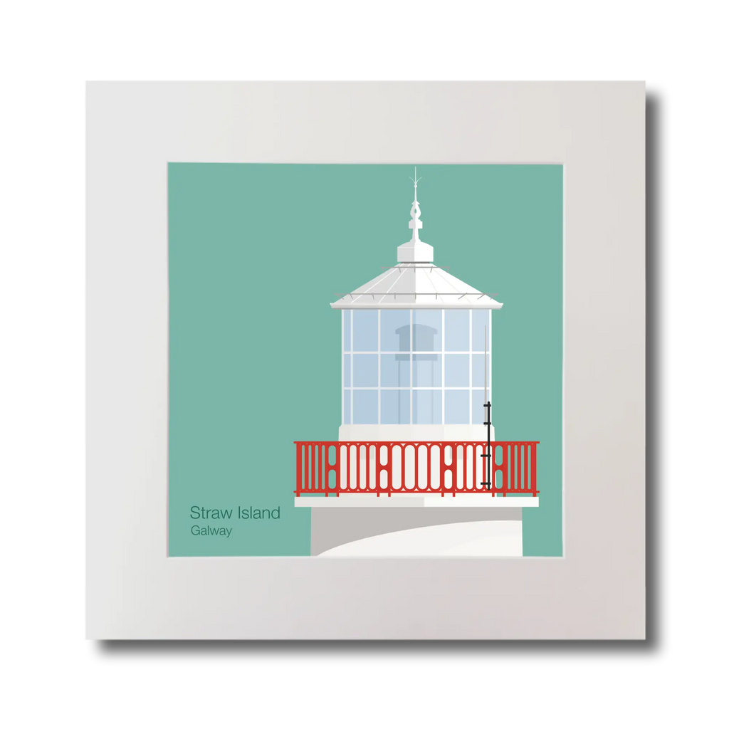 Illustration of Straw Island lighthouse on an ocean green background, mounted and measuring 30x30cm.