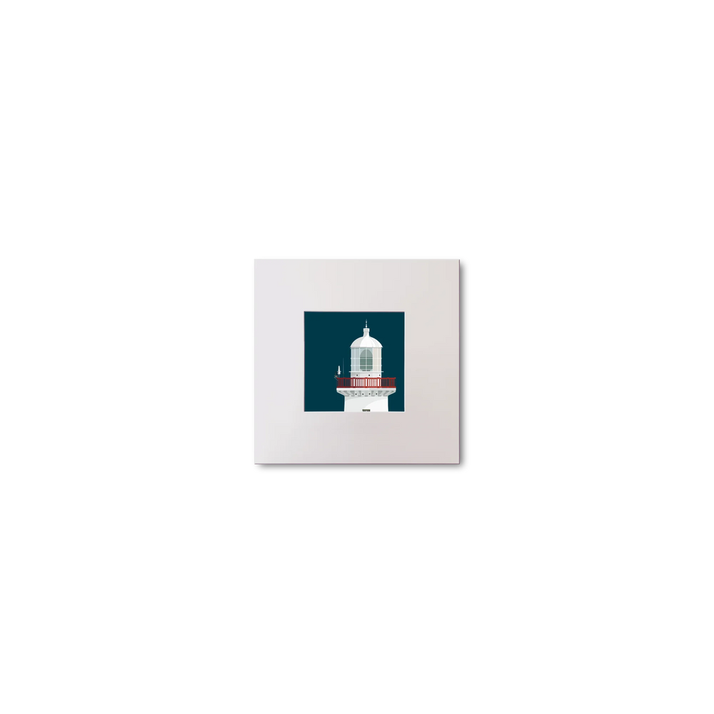 Illustration of Inisheer lighthouse on a midnight blue background, mounted and measuring 10x10cm.