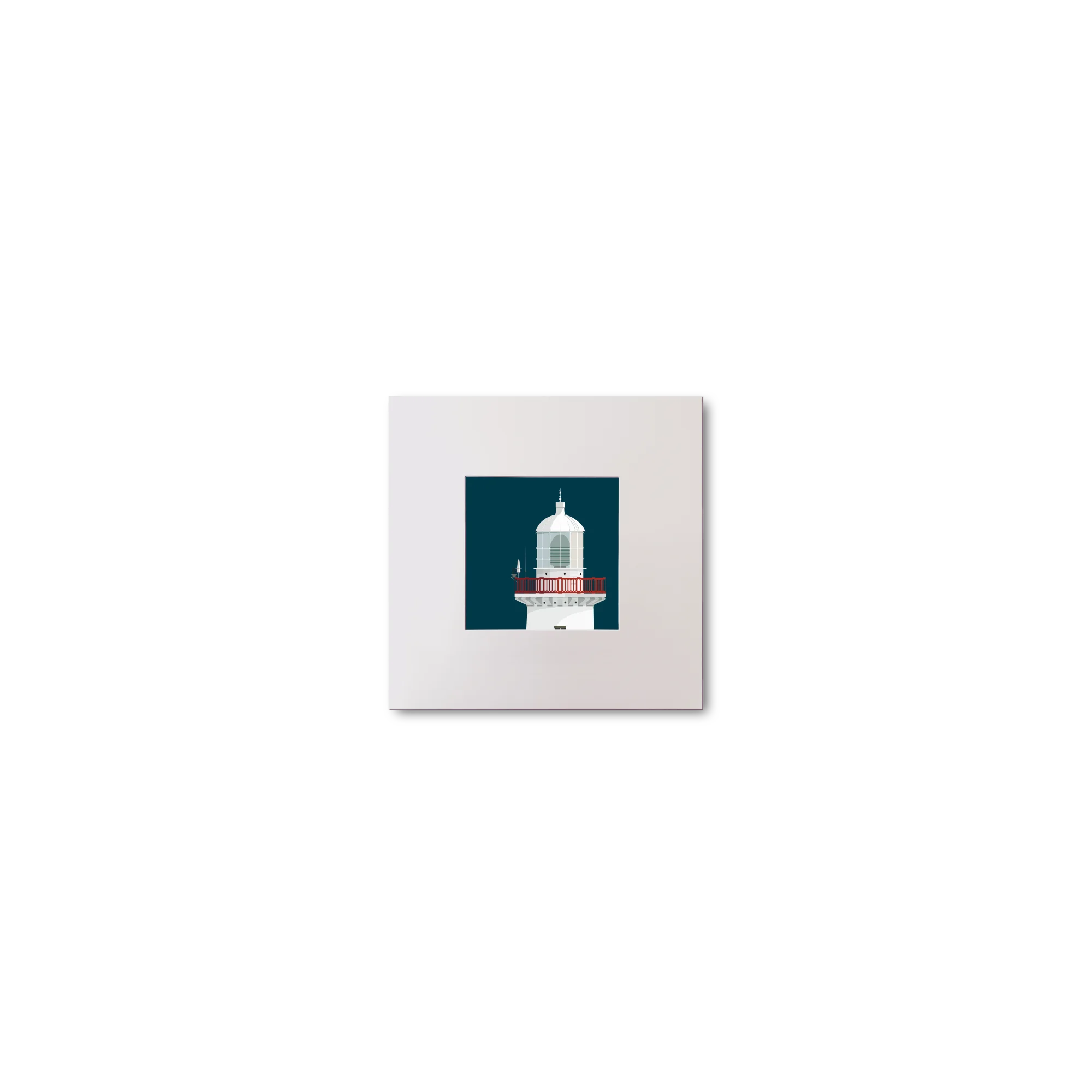 Illustration of Inisheer lighthouse on a midnight blue background, mounted and measuring 10x10cm.