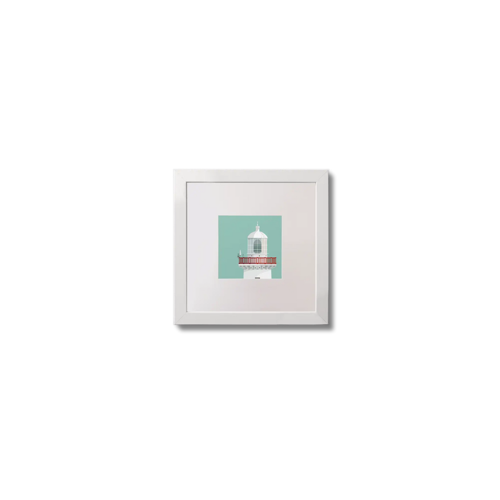 Illustration of Inisheer lighthouse on an ocean green background,  in a white square frame measuring 10x10cm.
