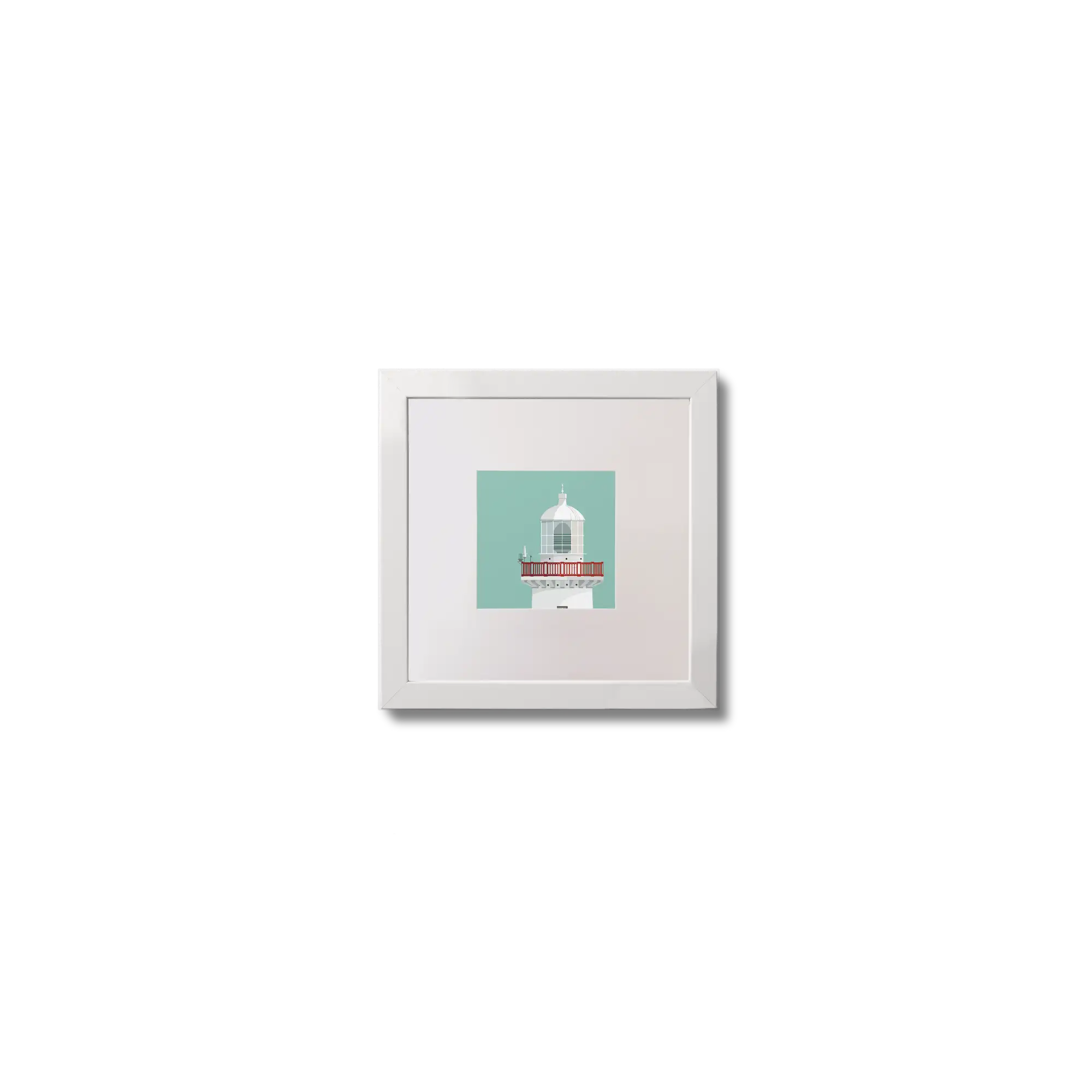 Illustration of Inisheer lighthouse on an ocean green background,  in a white square frame measuring 10x10cm.