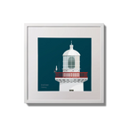 Framed wall art decoration of Inisheer lighthouse on a midnight blue background,  in a white square frame measuring 20x20cm.
