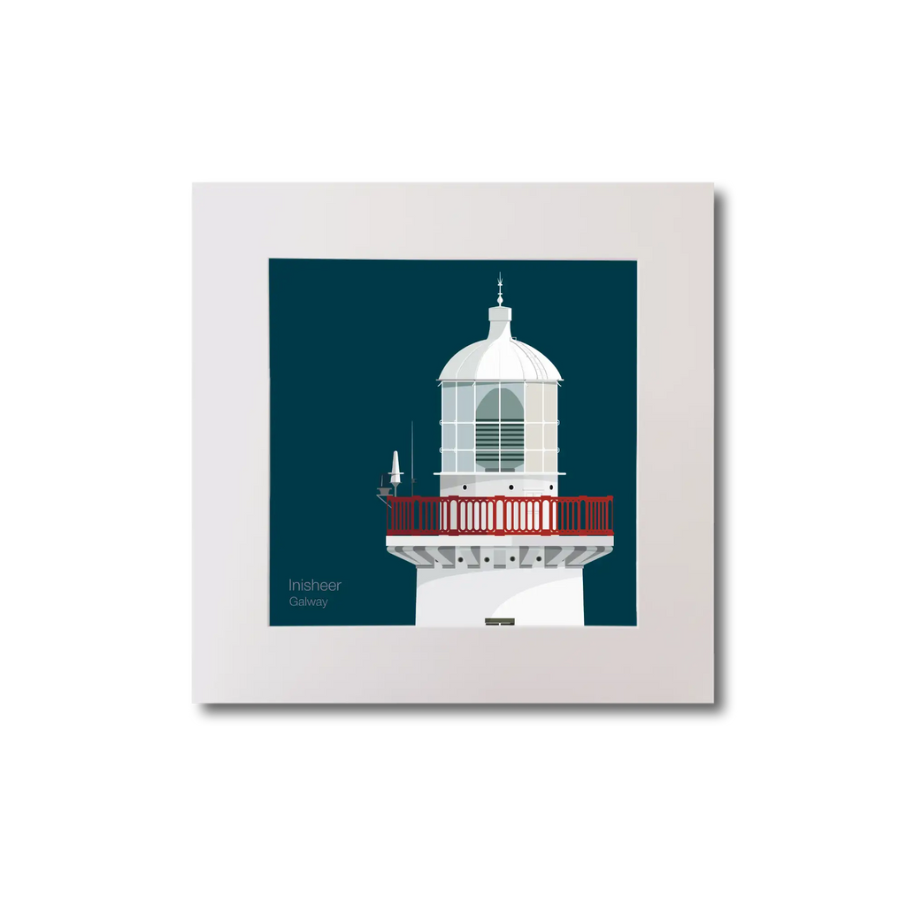 Illustration of Inisheer lighthouse on a midnight blue background, mounted and measuring 20x20cm.