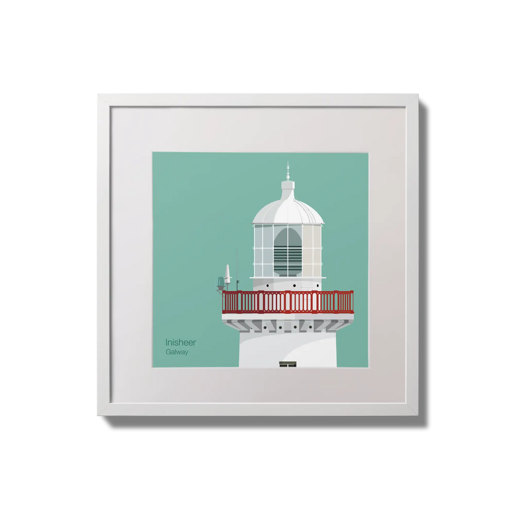 Contemporary wall hanging of Inisheer lighthouse on an ocean green background,  in a white square frame measuring 20x20cm.