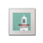 Contemporary wall hanging of Inisheer lighthouse on an ocean green background,  in a white square frame measuring 20x20cm.