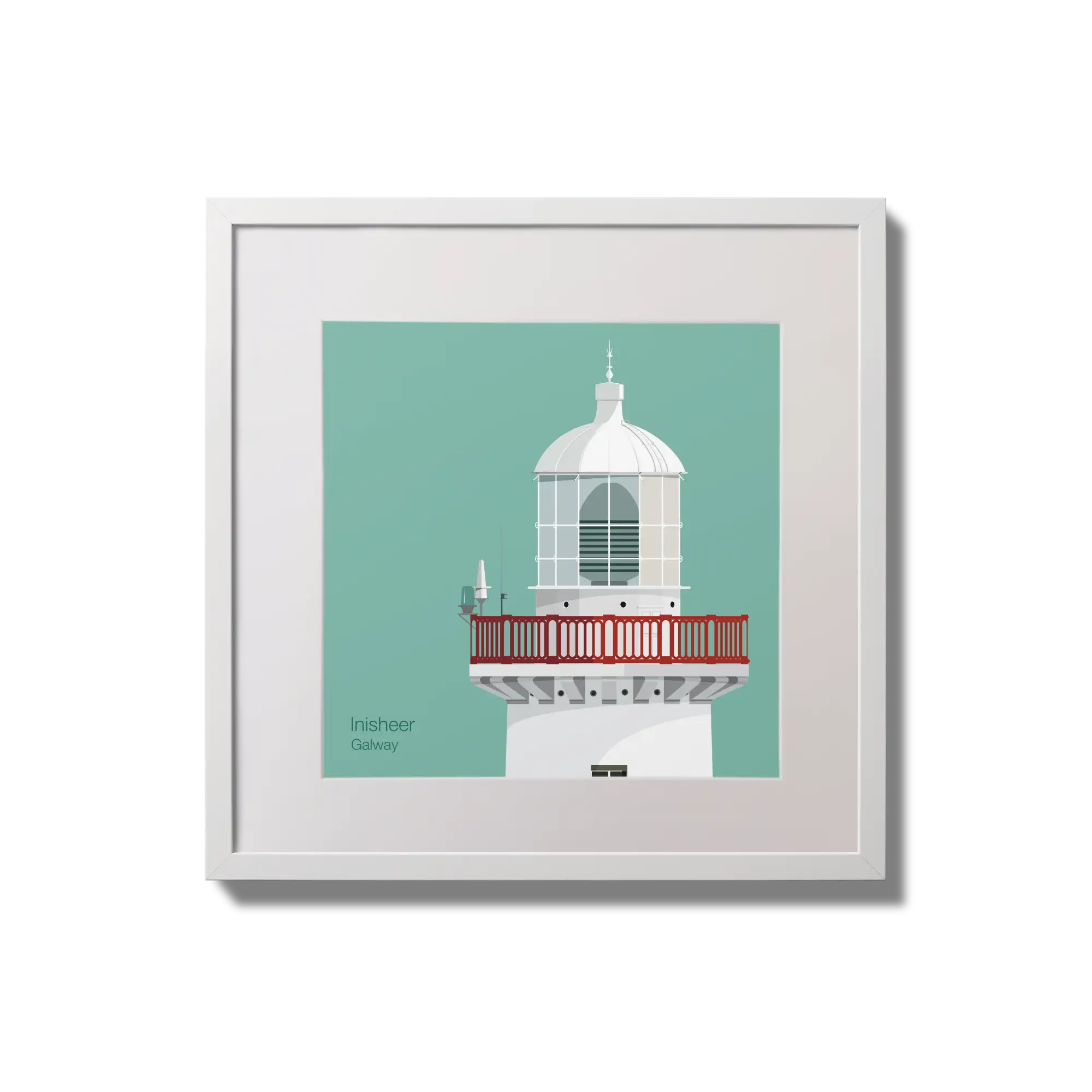 Contemporary wall hanging of Inisheer lighthouse on an ocean green background,  in a white square frame measuring 20x20cm.