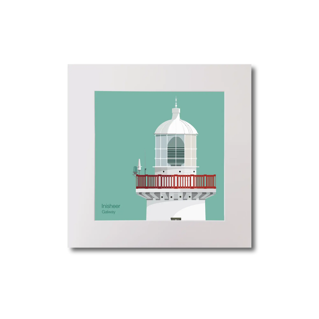 Illustration of Inisheer lighthouse on an ocean green background, mounted and measuring 20x20cm.