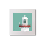 Illustration of Inisheer lighthouse on an ocean green background, mounted and measuring 20x20cm.