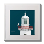 Illustration of Inisheer lighthouse on a midnight blue background,  in a white square frame measuring 30x30cm.