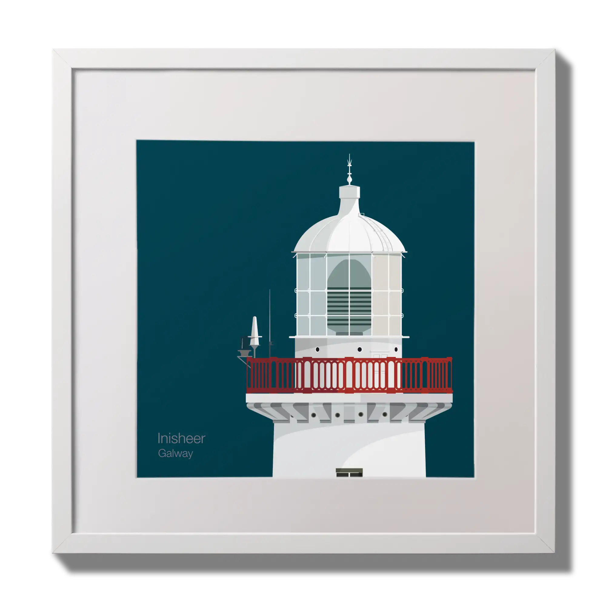 Illustration of Inisheer lighthouse on a midnight blue background,  in a white square frame measuring 30x30cm.